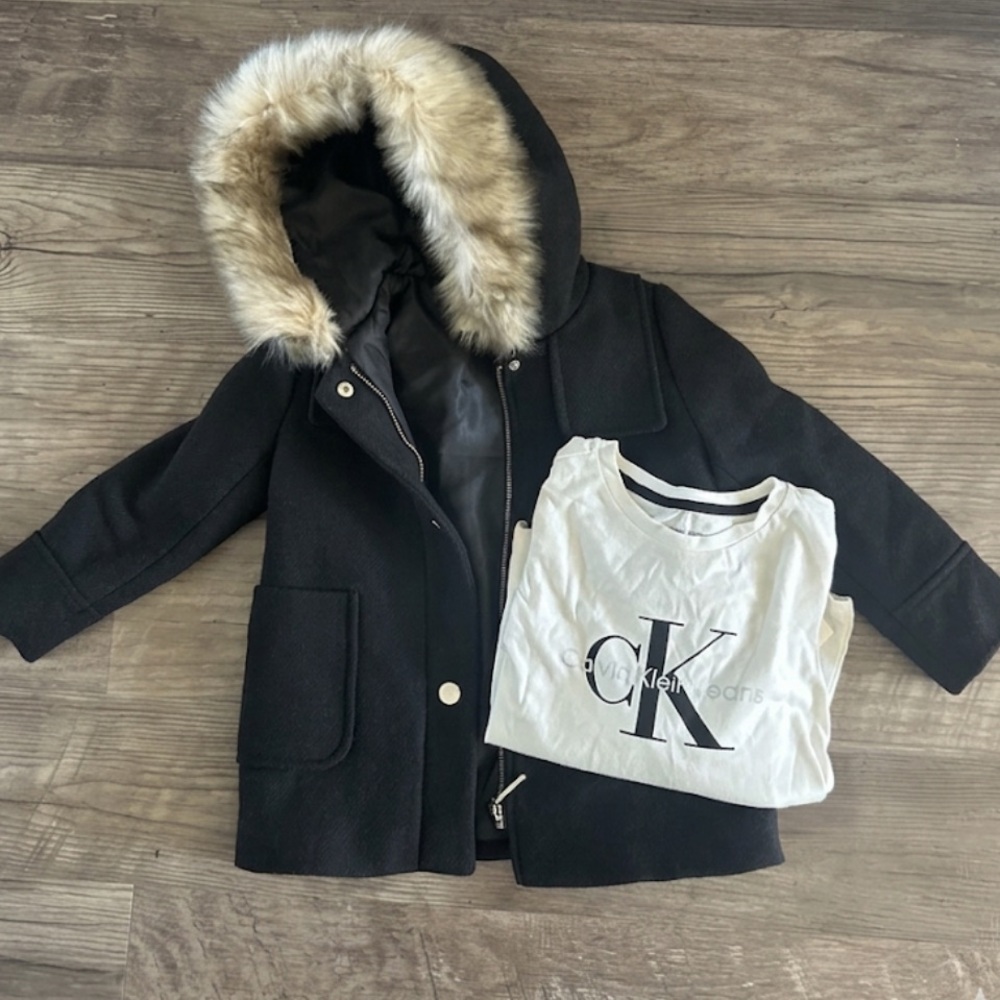 Calvin Klein Black Hooded Coat with Faux Fur Trim & White CK Tee